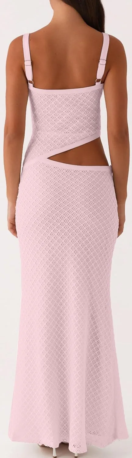 Women Spaghetti Strap Cut Out Maxi Dress Sleeveless V-Neck Backless Hollow Dress Elegant Bodycon Cocktail Dresses