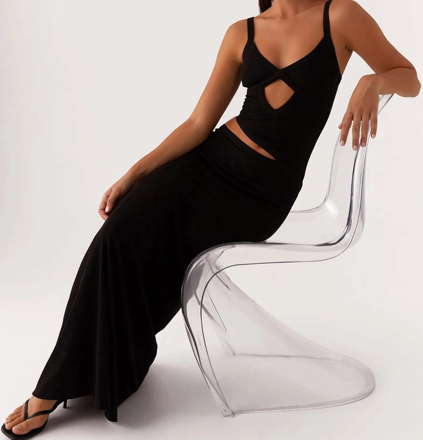 Women Spaghetti Strap Cut Out Maxi Dress Sleeveless V-Neck Backless Hollow Dress Elegant Bodycon Cocktail Dresses