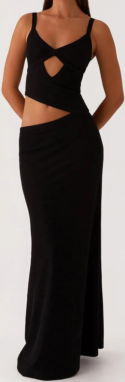 Women Spaghetti Strap Cut Out Maxi Dress Sleeveless V-Neck Backless Hollow Dress Elegant Bodycon Cocktail Dresses