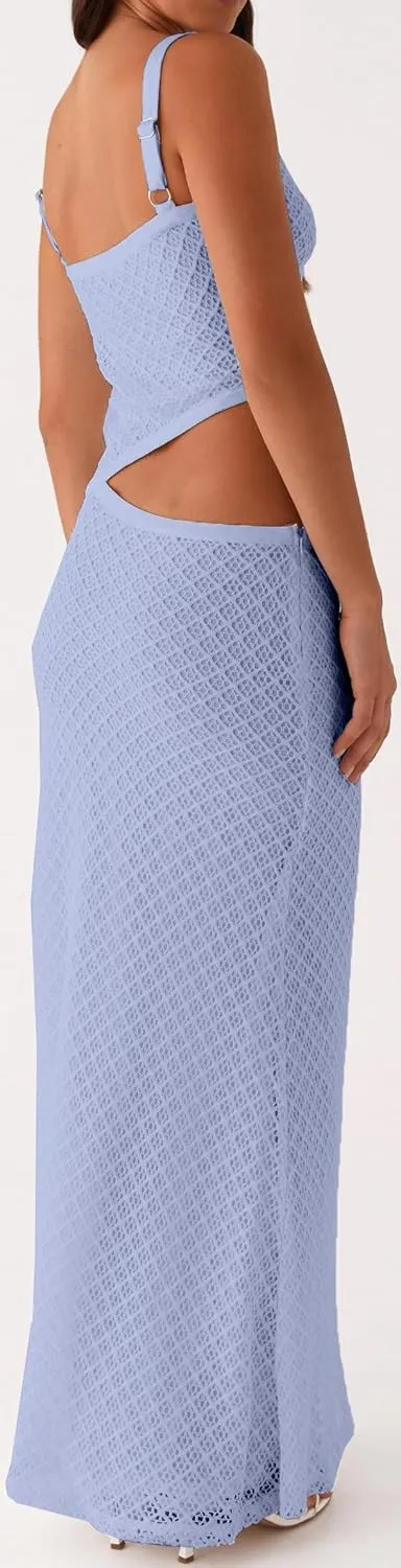 Women Spaghetti Strap Cut Out Maxi Dress Sleeveless V-Neck Backless Hollow Dress Elegant Bodycon Cocktail Dresses