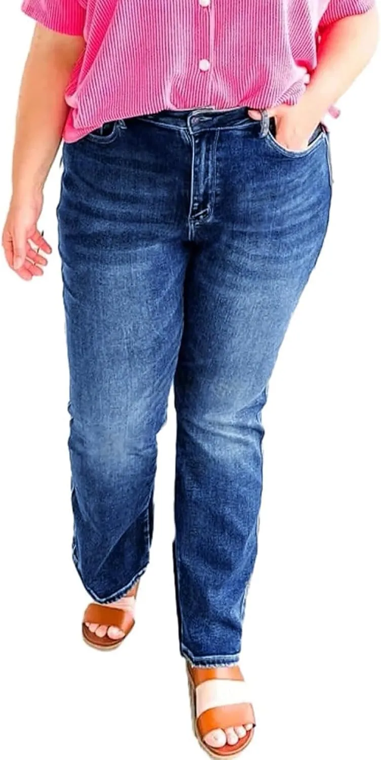 Women Straight Ankle Jeans Casual Loose High Waist Denim Pants Tummy Control Destroy Skinny Denim Jeans Plus Size