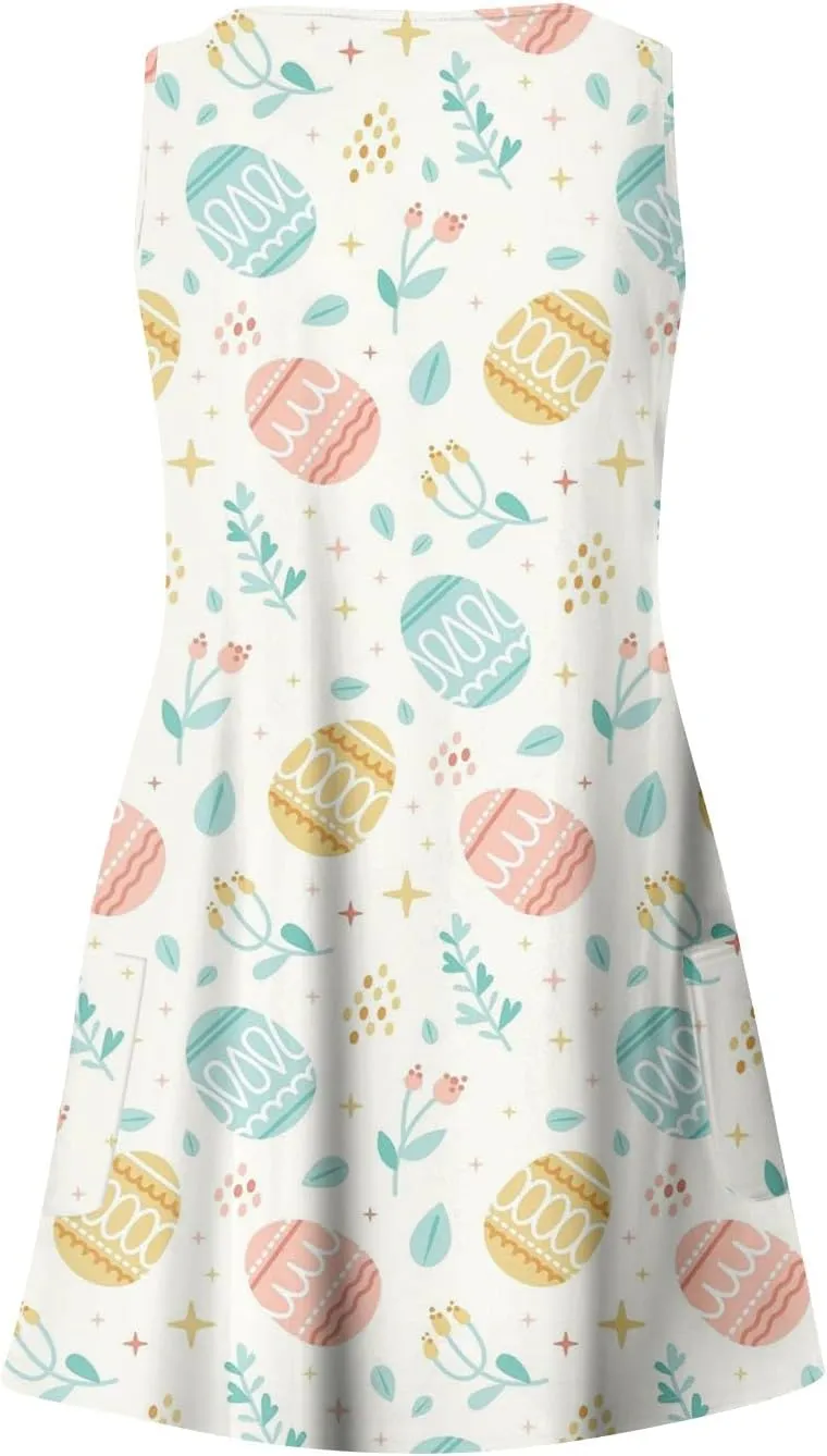 Women Summer Dresses 2025 Beach Swimsuit Coverup Printed V Neck Dress with Pocket Vacation Sleeveless Sundress