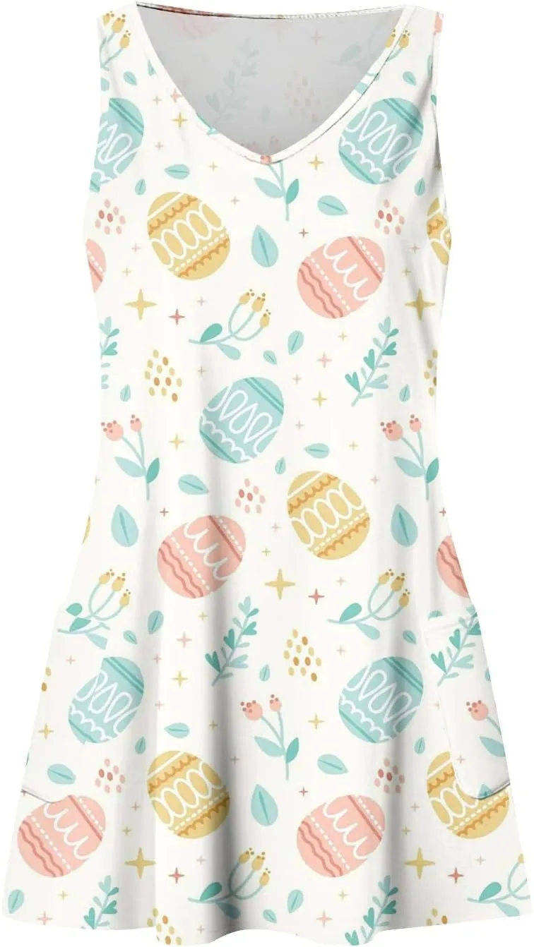 Women Summer Dresses 2025 Beach Swimsuit Coverup Printed V Neck Dress with Pocket Vacation Sleeveless Sundress