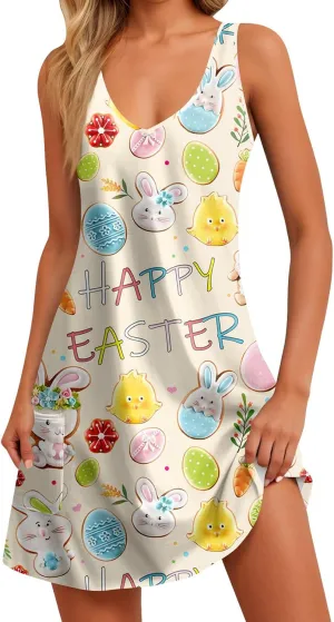 Women Summer Dresses 2025 Beach Swimsuit Coverup Printed V Neck Dress with Pocket Vacation Sleeveless Sundress