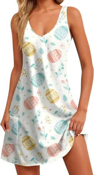 Women Summer Dresses 2025 Beach Swimsuit Coverup Printed V Neck Dress with Pocket Vacation Sleeveless Sundress
