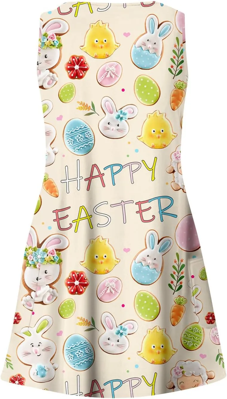 Women Summer Dresses 2025 Beach Swimsuit Coverup Printed V Neck Dress with Pocket Vacation Sleeveless Sundress