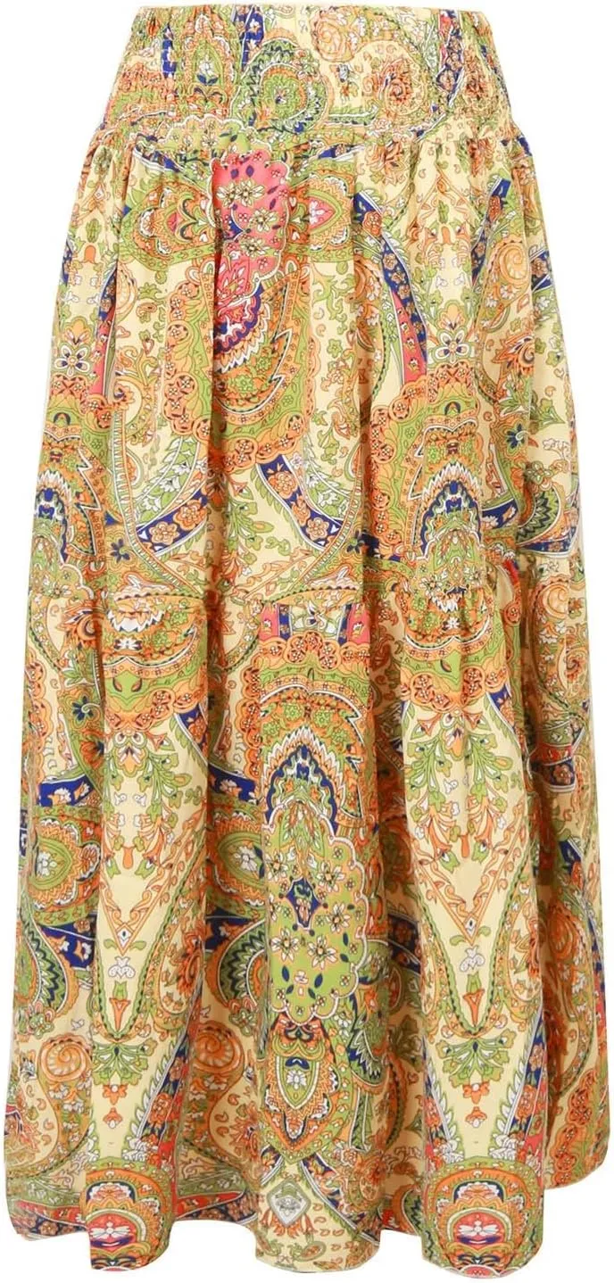Women Summer Floral Maxi Skirt Boho Flowy Elastic High Waist Long Skirt Comfy Vacation Beach Color Block A-Line Skirts