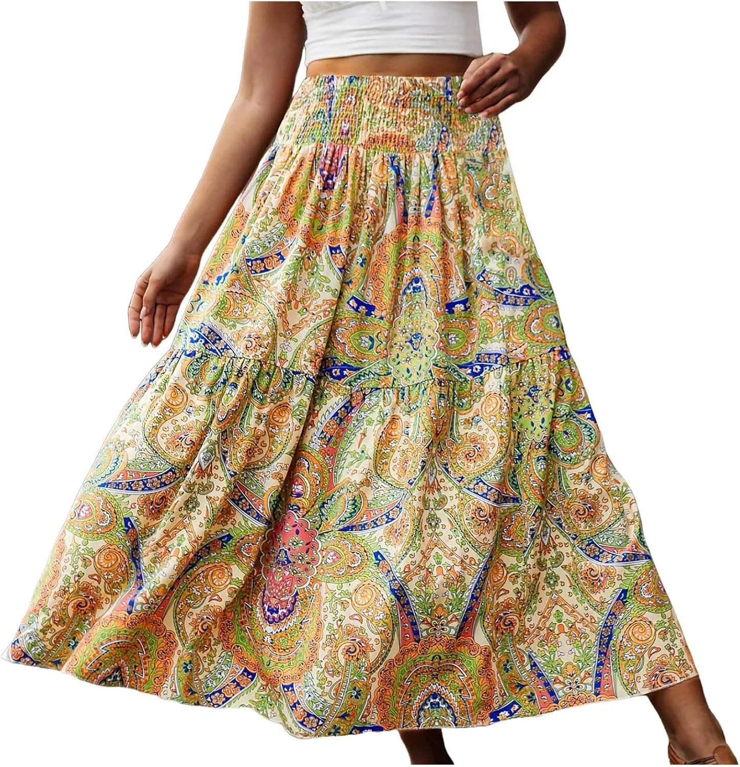 Women Summer Floral Maxi Skirt Boho Flowy Elastic High Waist Long Skirt Comfy Vacation Beach Color Block A-Line Skirts