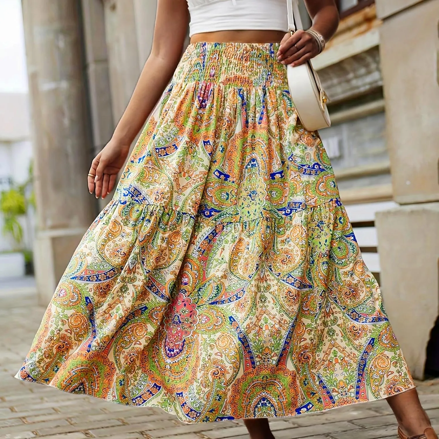 Women Summer Floral Maxi Skirt Boho Flowy Elastic High Waist Long Skirt Comfy Vacation Beach Color Block A-Line Skirts