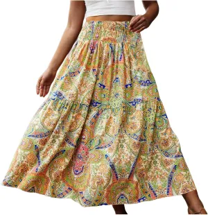 Women Summer Floral Maxi Skirt Boho Flowy Elastic High Waist Long Skirt Comfy Vacation Beach Color Block A-Line Skirts
