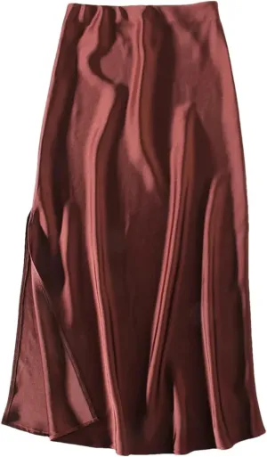Women Summer High Waist Silk Satin Maxi Skirts Elastic Casual Pencil Side Slit Skirts