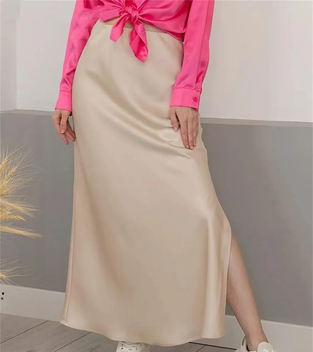 Women Summer High Waist Silk Satin Maxi Skirts Elastic Casual Pencil Side Slit Skirts