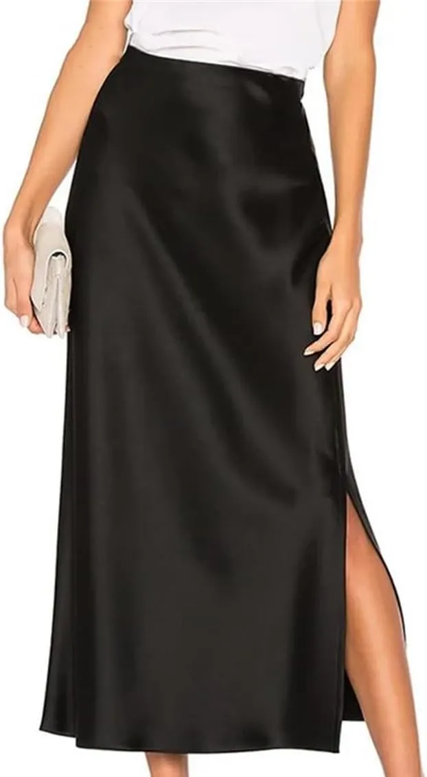 Women Summer High Waist Silk Satin Maxi Skirts Elastic Casual Pencil Side Slit Skirts