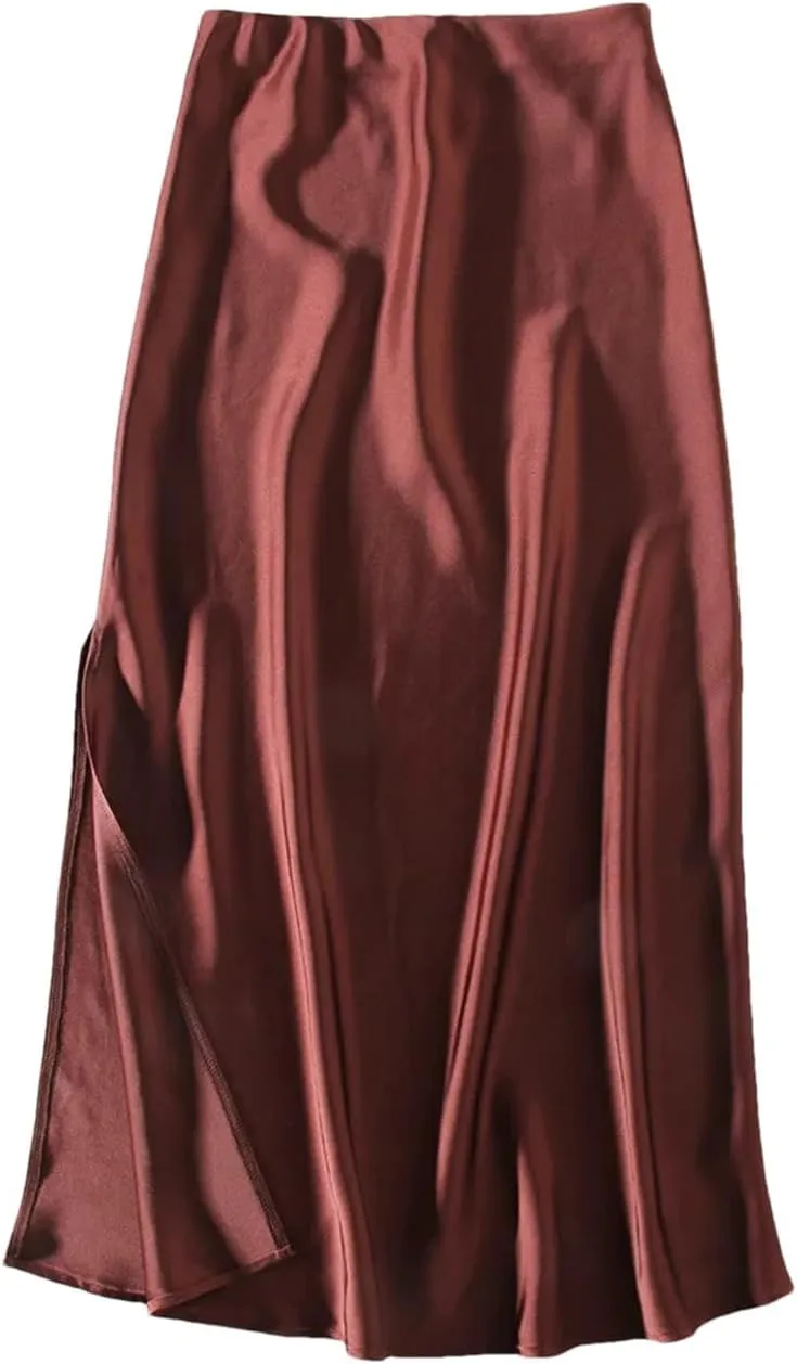 Women Summer High Waist Silk Satin Maxi Skirts Elastic Casual Pencil Side Slit Skirts
