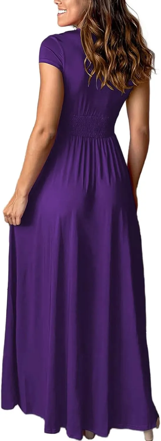 Women Summer Short Sleeve Dresses Formal Deep V Neck Slit Wedding Guest Long Dress Elegant Cocktail Evening Maxi Dress