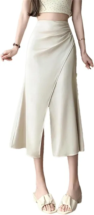 Women Vintage Satin Mermaid Long Skirts High Waist Slim OL Vintage Trumpets Midi Skirts