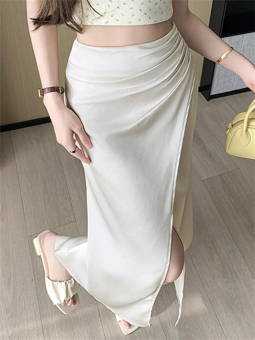 Women Vintage Satin Mermaid Long Skirts High Waist Slim OL Vintage Trumpets Midi Skirts