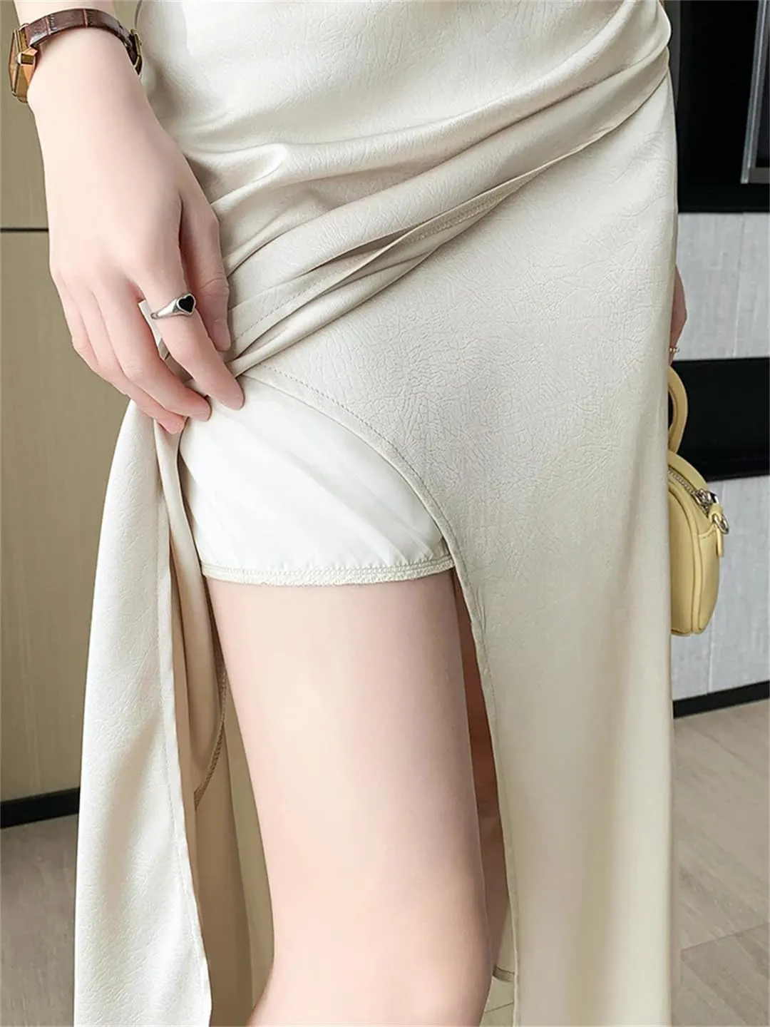 Women Vintage Satin Mermaid Long Skirts High Waist Slim OL Vintage Trumpets Midi Skirts