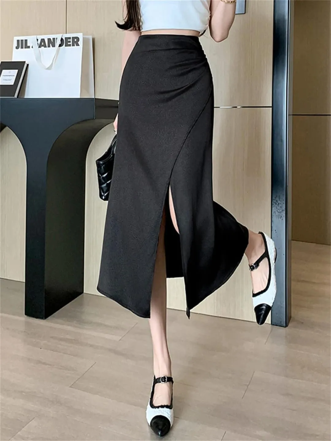 Women Vintage Satin Mermaid Long Skirts High Waist Slim OL Vintage Trumpets Midi Skirts