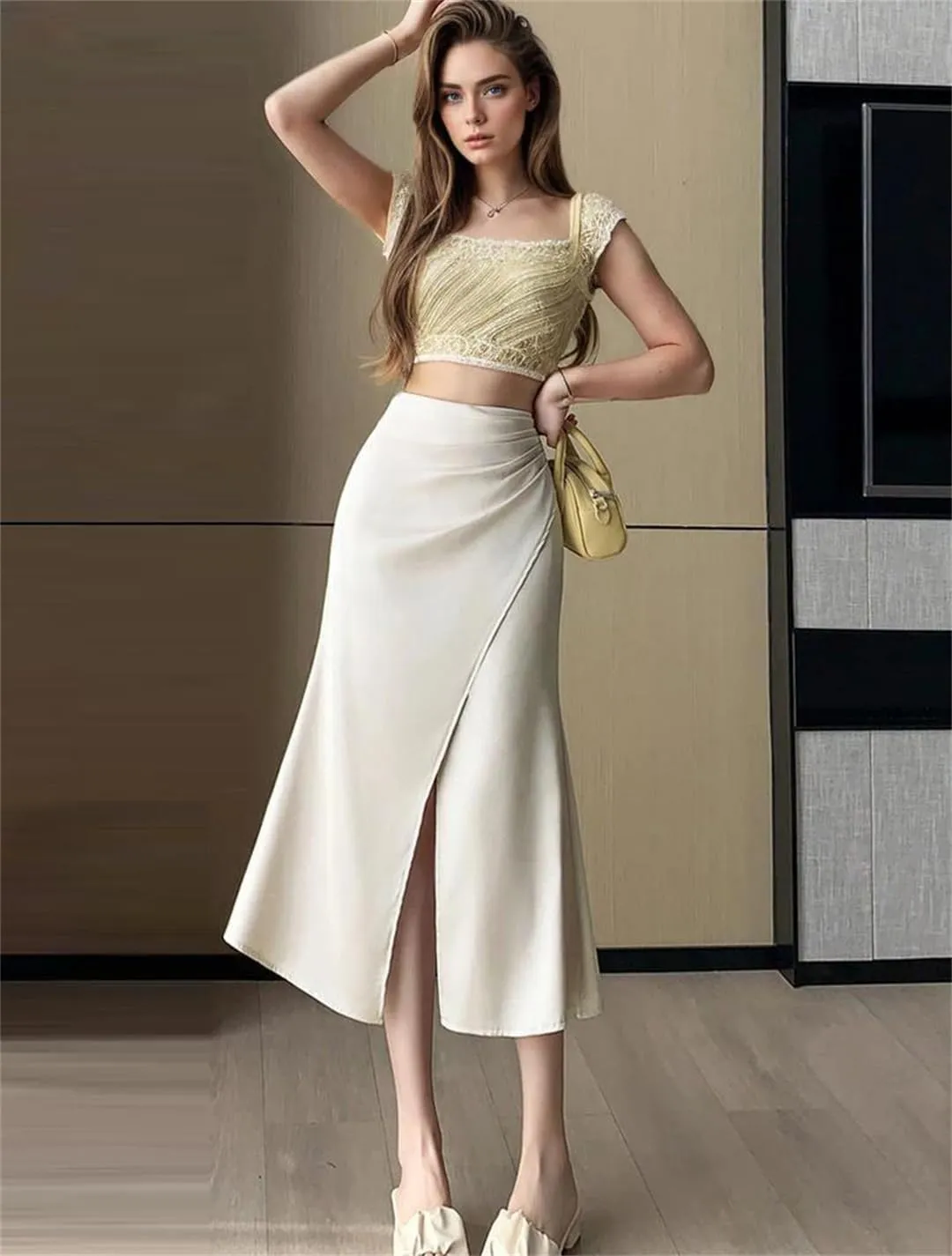 Women Vintage Satin Mermaid Long Skirts High Waist Slim OL Vintage Trumpets Midi Skirts
