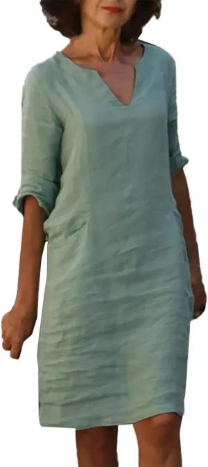 Women's 2025 Summer Cotton Linen Dress Spring Casual Boho 3/4 Sleeve Shirt Derss Flowy Skirt Beach Cover Ups Clothes