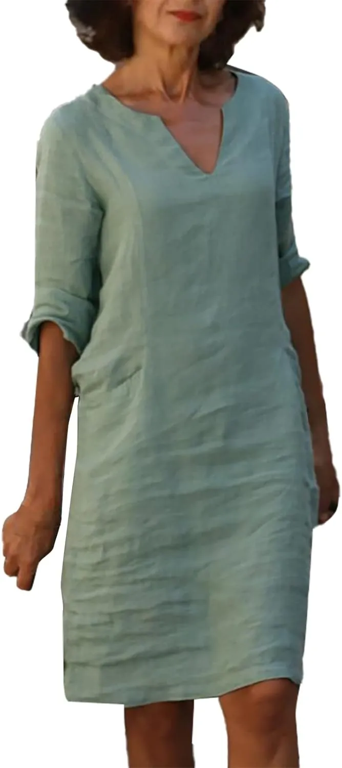 Women's 2025 Summer Cotton Linen Dress Spring Casual Boho 3/4 Sleeve Shirt Derss Flowy Skirt Beach Cover Ups Clothes