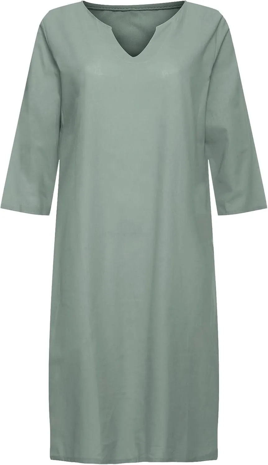 Women's 2025 Summer Cotton Linen Dress Spring Casual Boho 3/4 Sleeve Shirt Derss Flowy Skirt Beach Cover Ups Clothes
