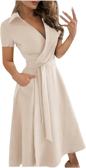 Womens 3/4 Short Sleeve Wrap Dress Lapel V Neck Shirt Dress Casual A Line Midi Dress with Pockets Professional Dresses