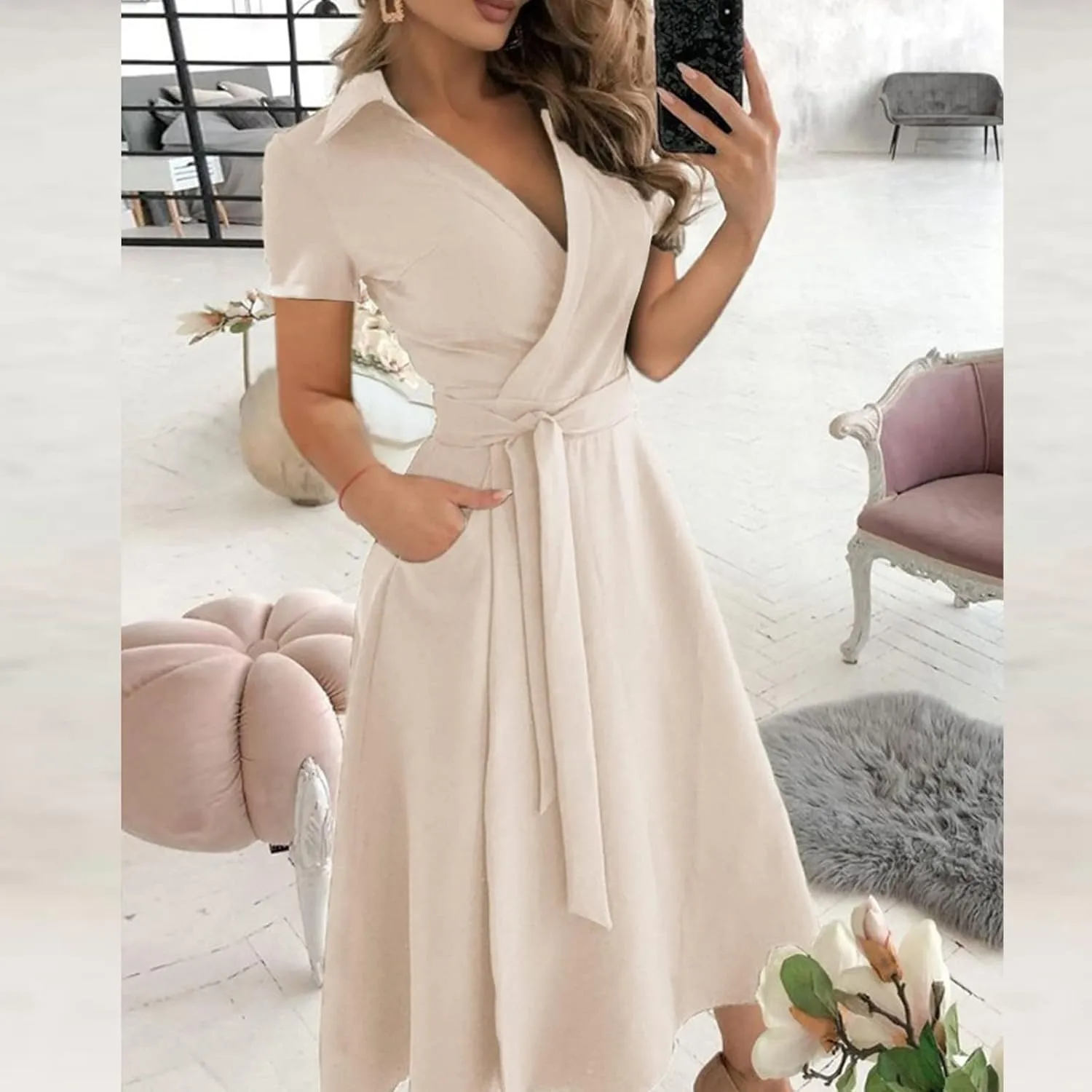 Womens 3/4 Short Sleeve Wrap Dress Lapel V Neck Shirt Dress Casual A Line Midi Dress with Pockets Professional Dresses