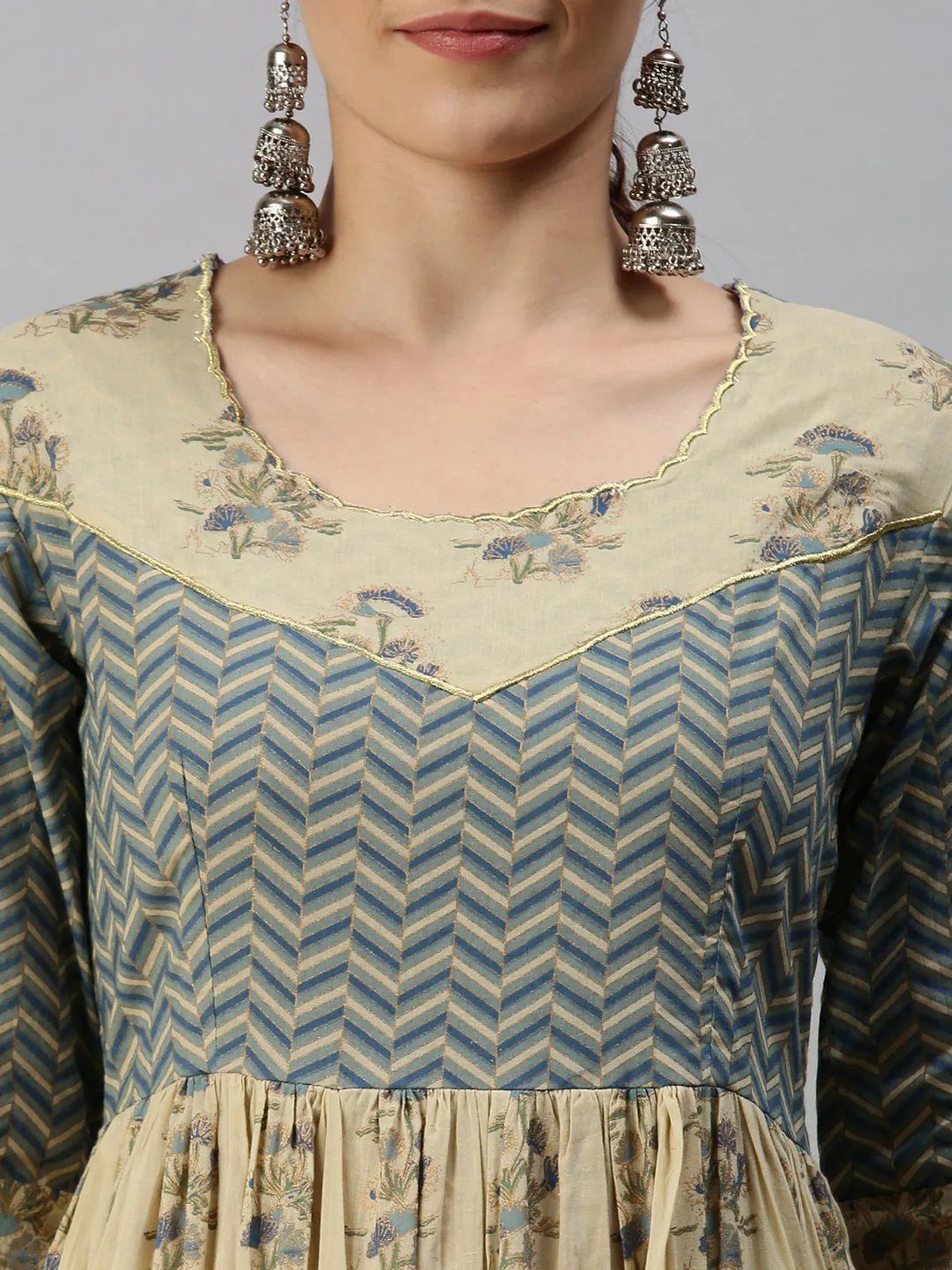 Women's Beige & Blue Printed Anarkali Kurta