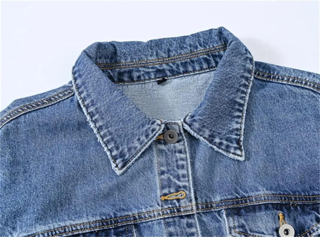 Women's Black Denim Jacket Loose Short Button Patch Casual Retro Denim Jacket