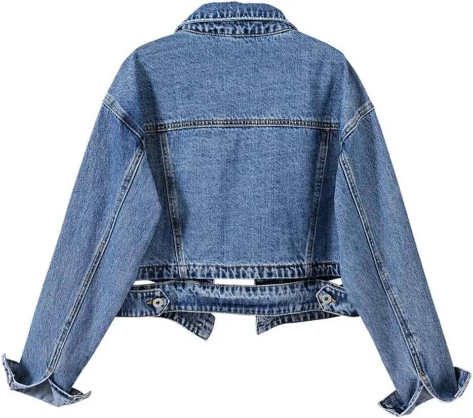 Women's Black Denim Jacket Loose Short Button Patch Casual Retro Denim Jacket