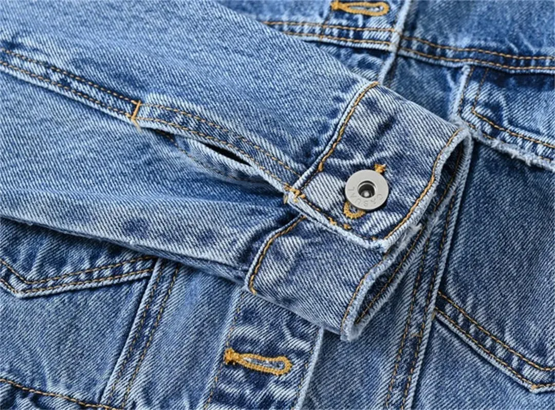 Women's Black Denim Jacket Loose Short Button Patch Casual Retro Denim Jacket