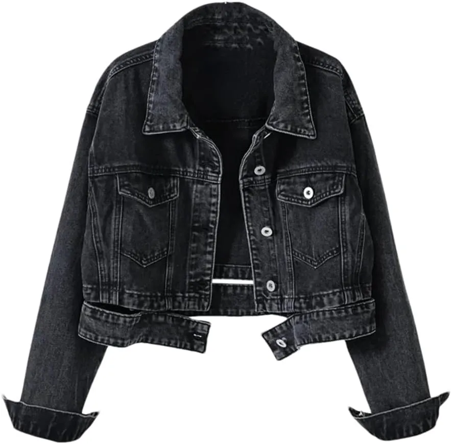 Women's Black Denim Jacket Loose Short Button Patch Casual Retro Denim Jacket