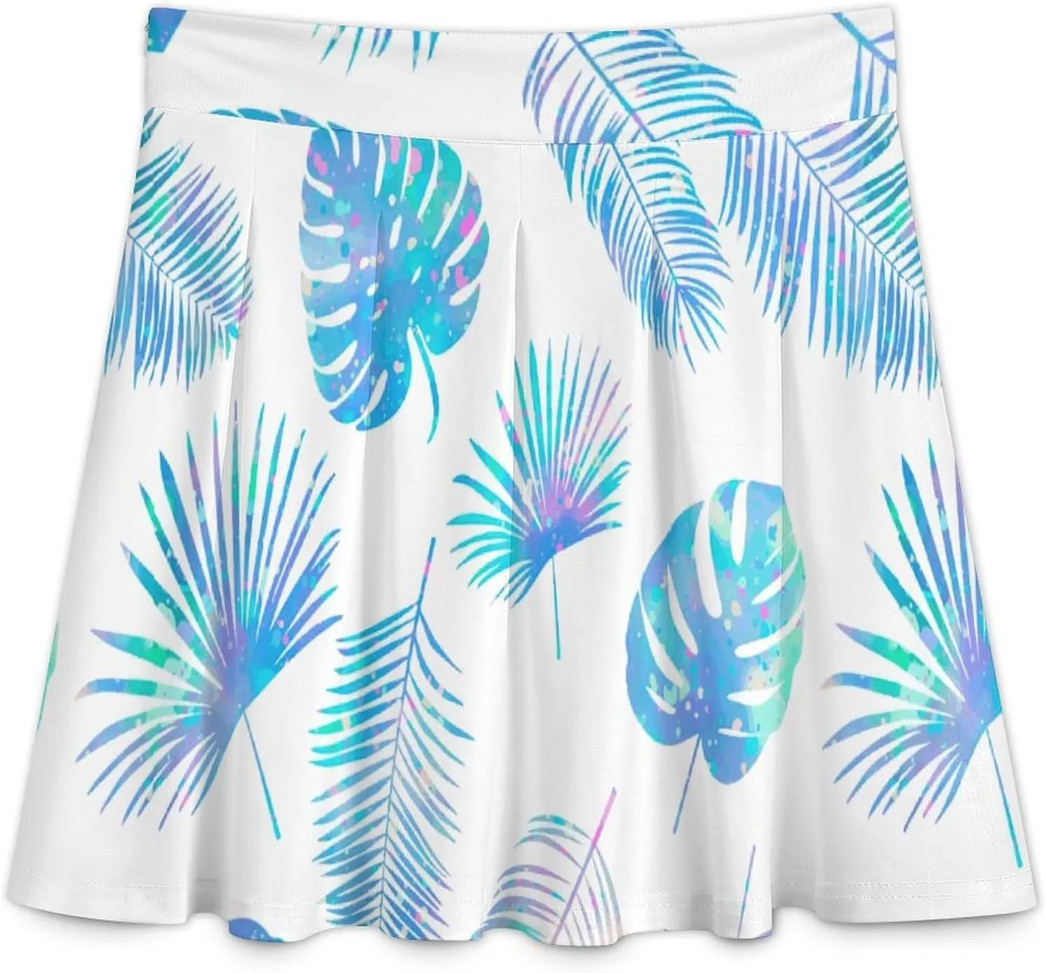 Women's Blue Leaves Summer Pleated Short Skirts High Waist Novelty Invisible Zip Pleated Skirts