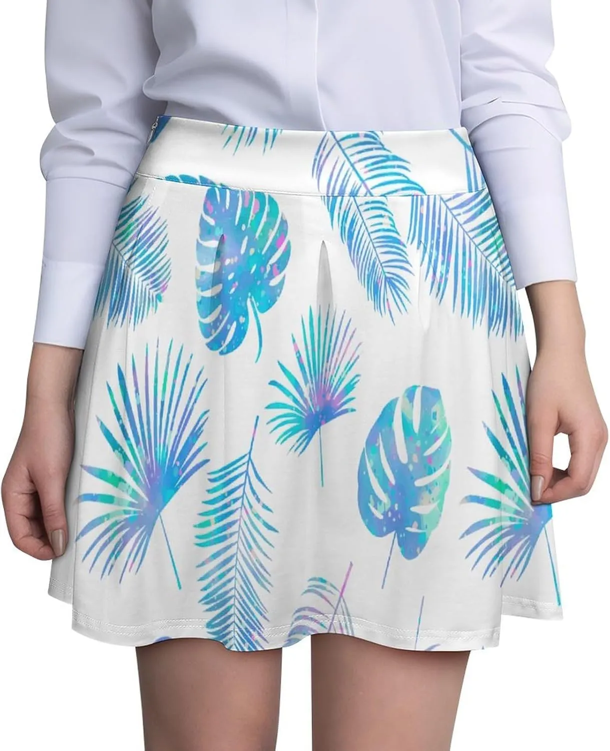 Women's Blue Leaves Summer Pleated Short Skirts High Waist Novelty Invisible Zip Pleated Skirts
