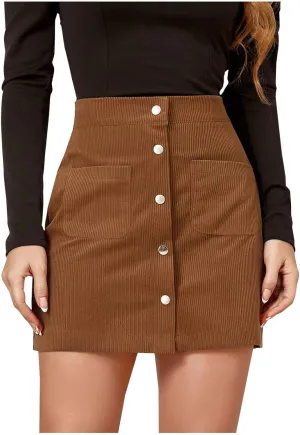 Womens Bodycon Mini Skirts High Waist Button Down Vintage Solid Color Corduroy Short Skirt with Pocket