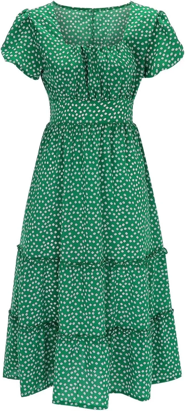 Womens Boho Summer Dress Casual V Neck Short Sleeve Floral Print Tiered Ruffle Maxi Beach Sundress with Pockets