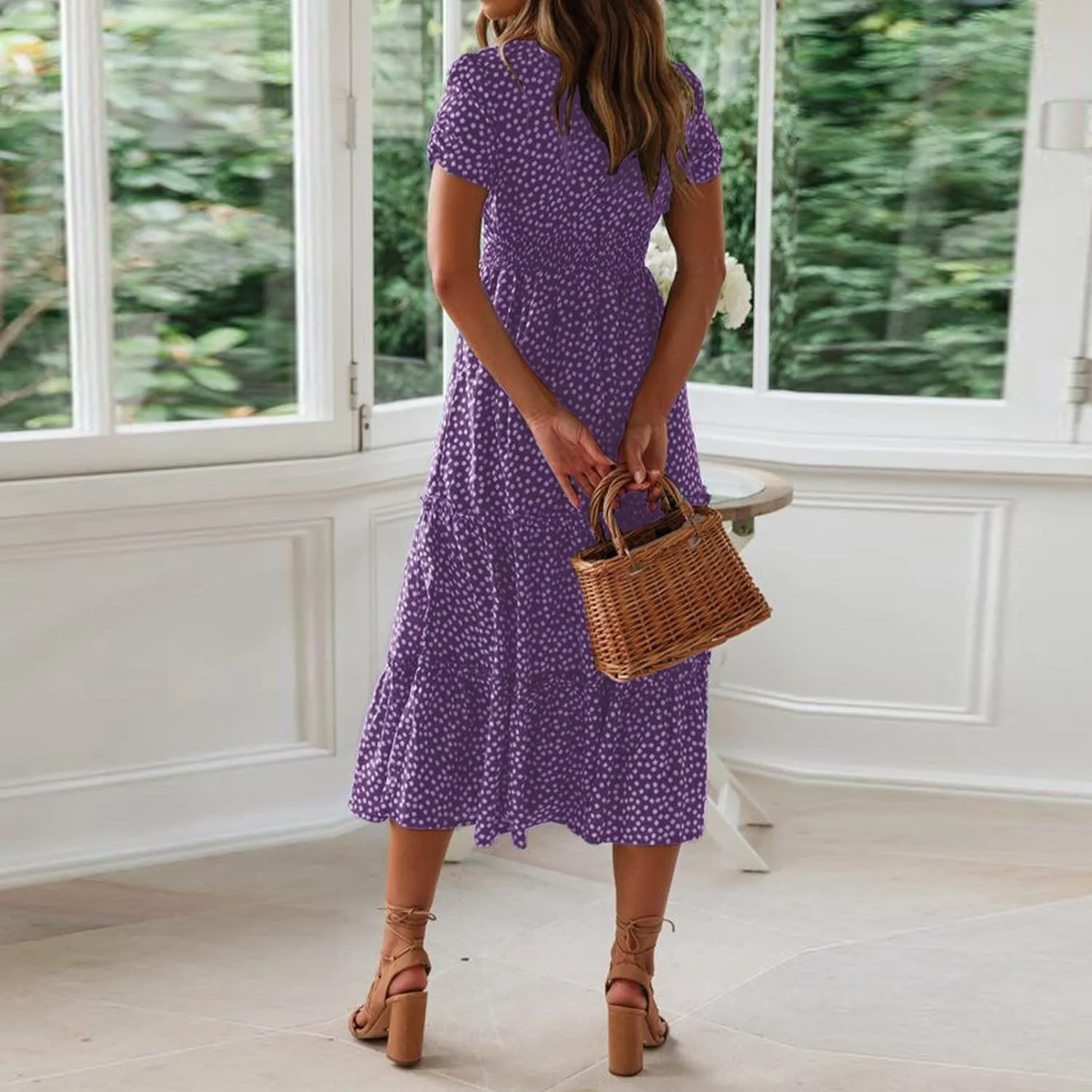 Womens Boho Summer Dress Casual V Neck Short Sleeve Floral Print Tiered Ruffle Maxi Beach Sundress with Pockets