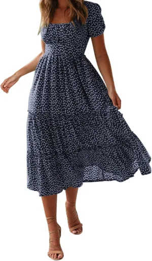 Womens Boho Summer Dress Casual V Neck Short Sleeve Floral Print Tiered Ruffle Maxi Beach Sundress with Pockets