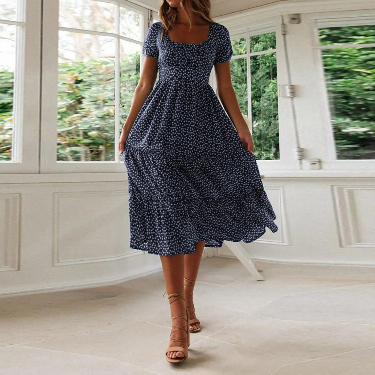 Womens Boho Summer Dress Casual V Neck Short Sleeve Floral Print Tiered Ruffle Maxi Beach Sundress with Pockets