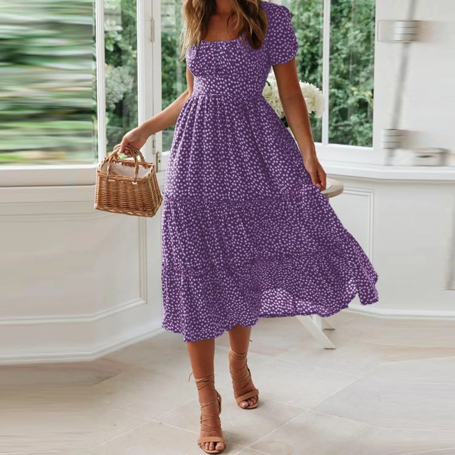 Womens Boho Summer Dress Casual V Neck Short Sleeve Floral Print Tiered Ruffle Maxi Beach Sundress with Pockets