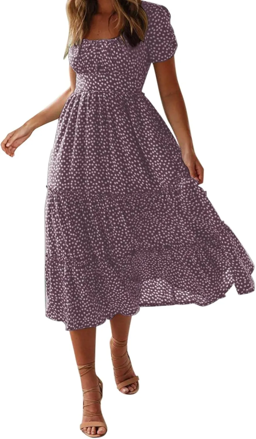 Womens Boho Summer Dress Casual V Neck Short Sleeve Floral Print Tiered Ruffle Maxi Beach Sundress with Pockets