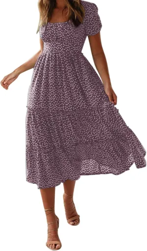 Womens Boho Summer Dress Casual V Neck Short Sleeve Floral Print Tiered Ruffle Maxi Beach Sundress with Pockets