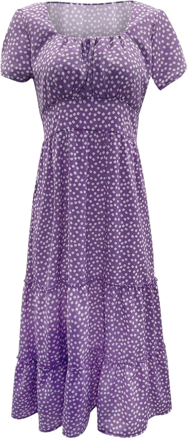 Womens Boho Summer Dress Casual V Neck Short Sleeve Floral Print Tiered Ruffle Maxi Beach Sundress with Pockets