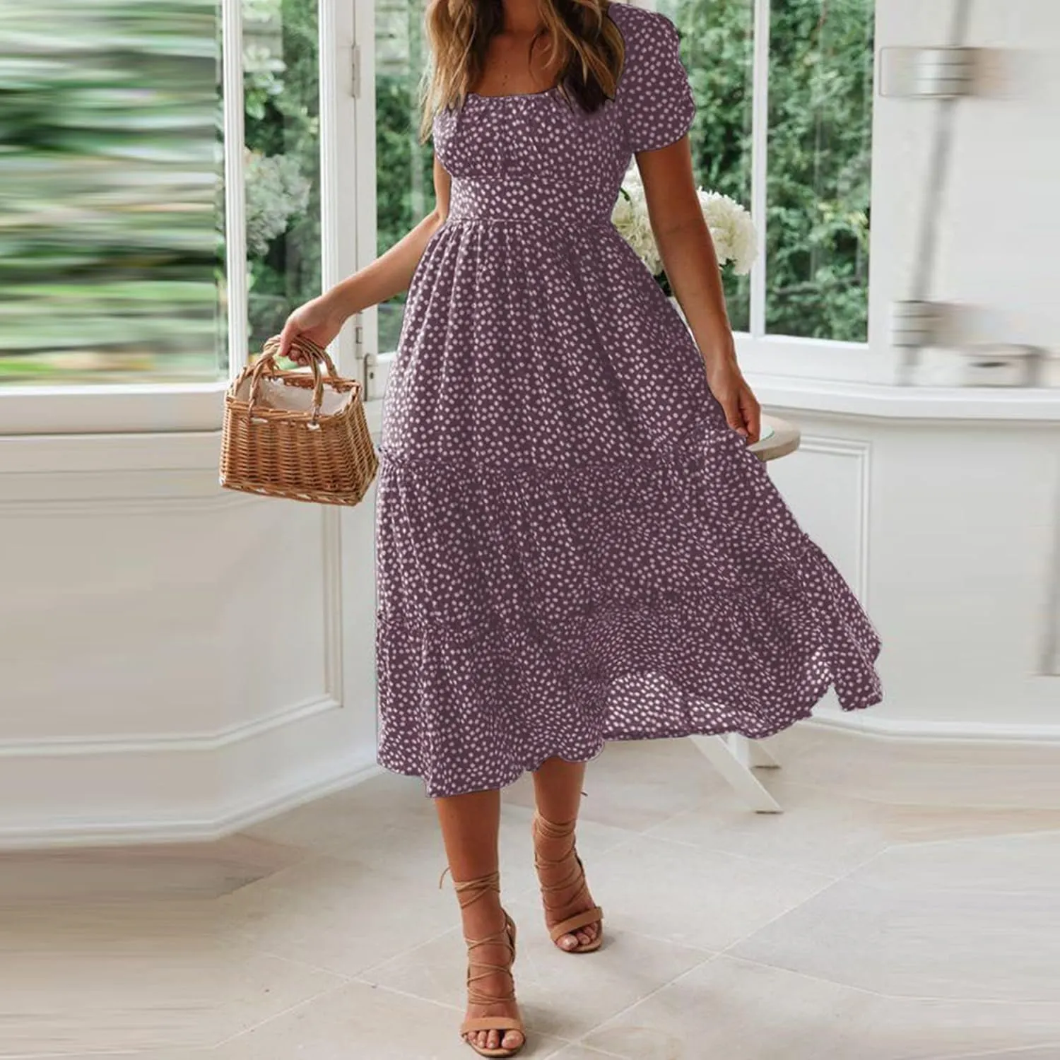 Womens Boho Summer Dress Casual V Neck Short Sleeve Floral Print Tiered Ruffle Maxi Beach Sundress with Pockets