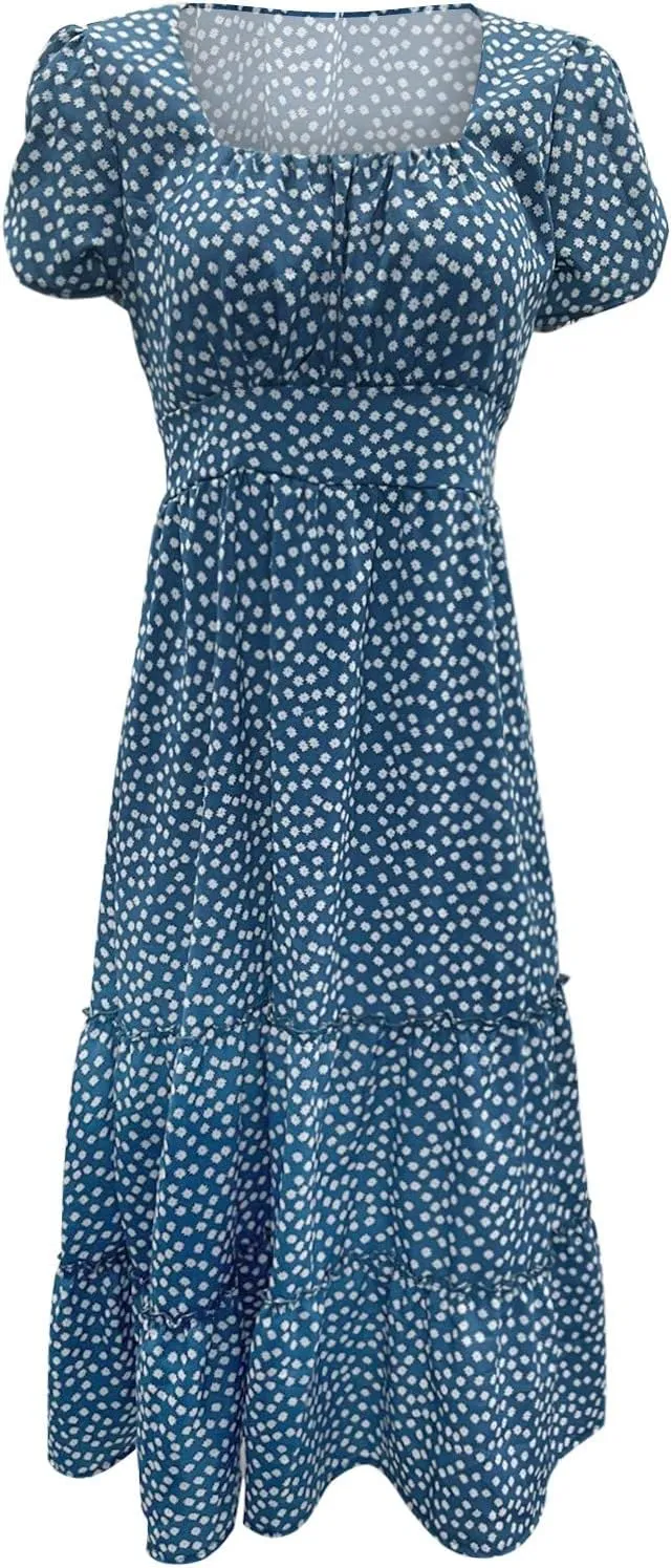 Womens Boho Summer Dress Casual V Neck Short Sleeve Floral Print Tiered Ruffle Maxi Beach Sundress with Pockets