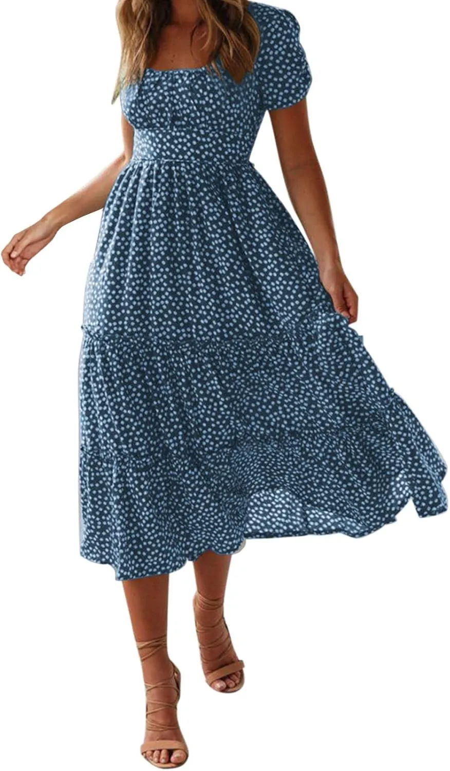 Womens Boho Summer Dress Casual V Neck Short Sleeve Floral Print Tiered Ruffle Maxi Beach Sundress with Pockets