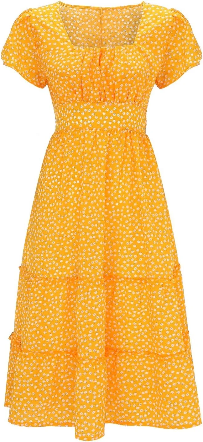 Womens Boho Summer Dress Casual V Neck Short Sleeve Floral Print Tiered Ruffle Maxi Beach Sundress with Pockets