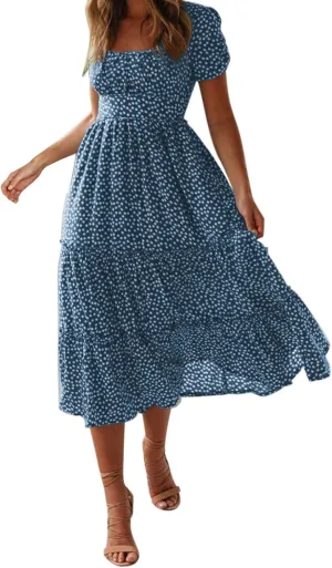 Womens Boho Summer Dress Casual V Neck Short Sleeve Floral Print Tiered Ruffle Maxi Beach Sundress with Pockets